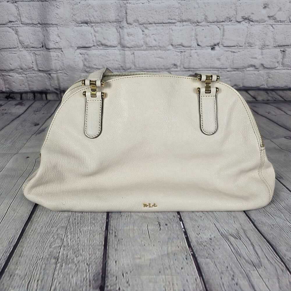 Lauren Ralph Lauren Cream Pebbled Leather Satchel Bag Gold Hardware Handbag
